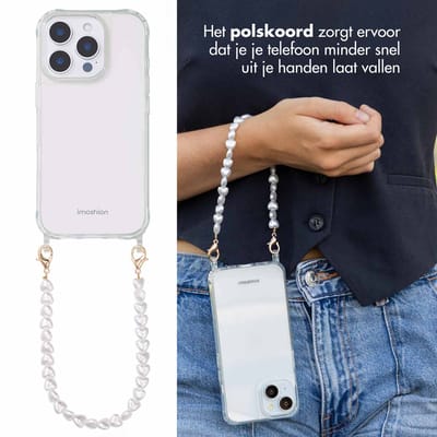 imoshion Hoesje - Geschikt voor Apple iPhone 16 Pro - Backcover met koord + armband - Parels hartjes - Parels Hartjes