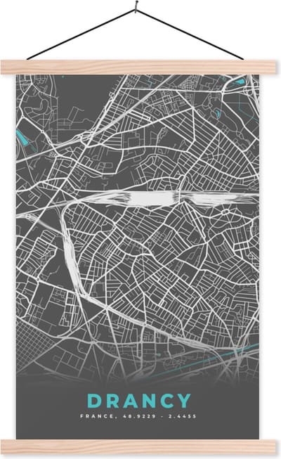 Posterhanger incl. Poster 40x60 cm - Schoolplaat - Drancy - Frankrijk - Plattegrond - Kaart - Stadskaart - Textielposter - Blanke latten - Stadskaart