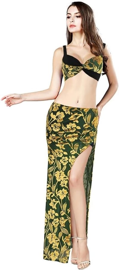 Floral Patroon Bellydance Top en Rok Set in Goud en Donkergroen, Luxe Velours Outfit voor Optredens en Oefeningen met Verstelbare Bandjes en Hoge Split