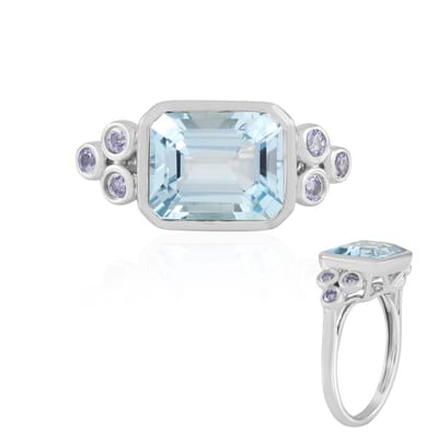 Cavill - Ring 925 Sterling Zilver Platina Verguld - 3,84 ct Hemelsblauwe Octagonale Topaas & 0,23 ct Tanzaniet - Elegant Sieraad Vrouwen