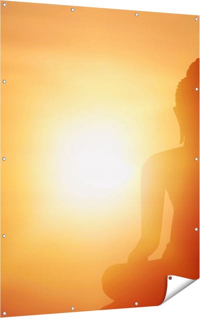 Gards Tuinposter Silhouet van een Boeddha Beeld met Zonsondergang - 120x160 cm - Tuindoek - Tuindecoratie - Wanddecoratie buiten - Tuinschilderij