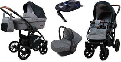 BabyLux® Kinderwagen 4in1 – OPTIMAL - GREY FLEX BLACK BLACK FRAME - Opklapbare Wandelwagen incl. Reiswieg, Multifunctionele Buggy Sportstoel, Autostoel, ISOFIX basisstation - Combi-kinderwagen met Luiertas, Regenhoes, Klamboe