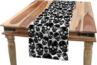 ABAKUHAUS gotische tafelloper, aardzwarte schedel, eetkamerkeuken rechthoekige decoratieve tafelloper, 40 x 180 cm, witzwart