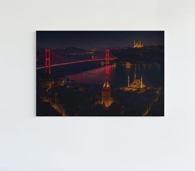 Canvas Schilderij - Istanbul nacht stadspanorama met brug - 60x40 cm
