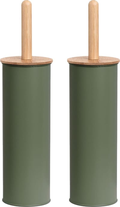 Zeller Toiletborstel in houder - 2x stuks - bamboe hout - salie groen - H38 x D10 cm - wc borstels