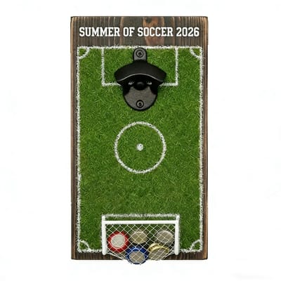 Flesopener Voetbalveld - Bieropener Wandmontage - Wandflesopener Met Doppenvanger - Voetbal Cadeau - 38 cm