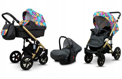 BabyLux® Kinderwagen 3in1 – SKY LARK - Paint Flowers GOLD FRAME - Opklapbare Wandelwagen incl. Reiswieg, Multifunctionele Buggy Sportstoel, Autostoel - Combi-kinderwagen met Luiertas, Regenhoes, Klamboe, Bekerhouder, etc.