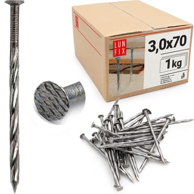 LUN FIX - Drallschaft 3 x 70 mm - 1kg (ca. 185 stk.) - Onverzinkte bouwspijker - Houten spijkers voor bouwwerkzaamheden