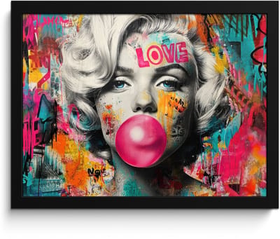Poster in lijst - Fotolijst 40x30 cm - Posters - Vrouw - Kauwgom - Graffiti - Neonkleuren - Posterlijst zwart - Decoratie - Wanddecoratie woonkamer - Muurdecoratie slaapkamer