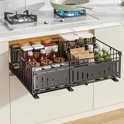 SnelShoppen - Expandable Pull Out Cabinet Organizer Keuken Lade Opbergplanken voor Kast zonder Boren - Zwart, Verstelbaar van 32-50cm, Duurzaam Metaal