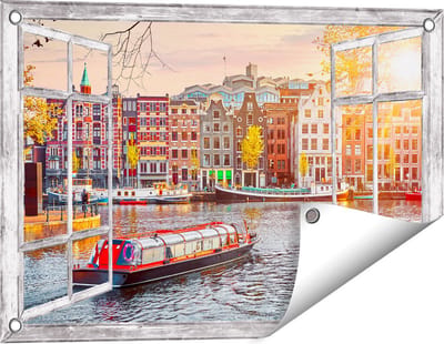 Gards Tuinposter Doorkijk Amsterdamse Huisjes vanaf de Grachten - 60x40 cm - Tuindoek - Tuindecoratie - Wanddecoratie buiten - Tuinschilderij