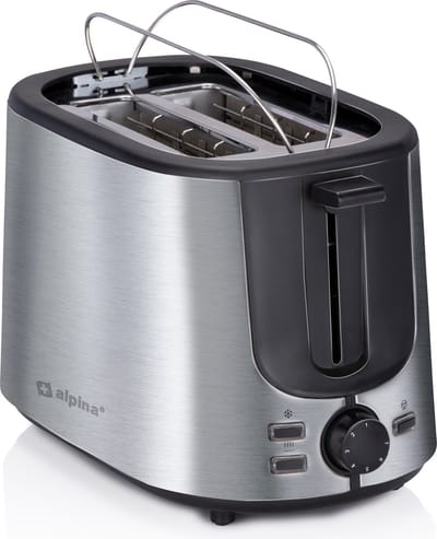 alpina Broodrooster met Tostiklemmen - Toaster met 7 Bruiningsniveau's en Ontdooifunctie - Broodrooster Tostiapparaat met Verwijderbare Kruimellade - Zilverkleurig