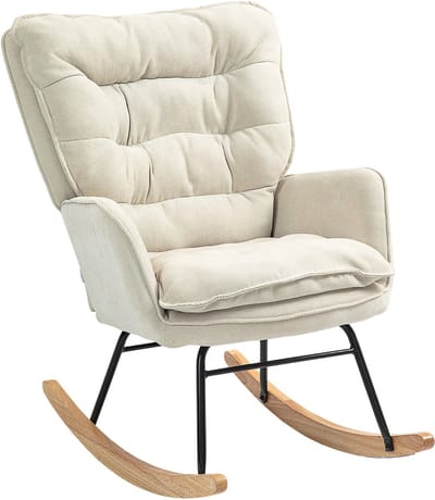 Merax Schommelstoel Beige – Comfortabele Relaxstoel Met Armleuningen En Chenille Bekleding, Houten Kufen En Stalen Frame – Moderne Fauteuil Voor Woonkamer