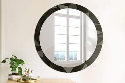 Wallfluent Bedrukte Ronde Spiegel - Ronde Spiegel Met Print Abstract Zwart - 90 cm / 76 cm - Zwart - Zwart Ronde Wandspiegel Met Print - Badkamerspiegel - Gangspiegel - Eetkamer - Wandmontage