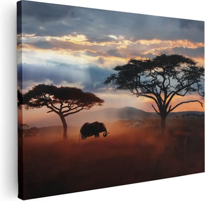 Artaza Canvas Schilderij Afrika - 40x30 cm - Klein - Wanddecoratie Olifant - Muurdecoratie Boom - Kamer Accessoires