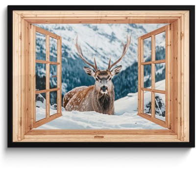 Poster in lijst - Fotolijst 70x50 cm - Posters - Doorkijk - Hert - Landschap - Winter - Natuur - Dieren - Bergen - Posterlijst zwart - Decoratie - Wanddecoratie woonkamer - Muurdecoratie slaapkamer