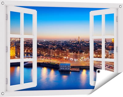 Gards Tuinposter Doorkijk Amsterdam Centrum in de Nacht - 90x60 cm - Tuindoek - Tuindecoratie - Wanddecoratie buiten - Tuinschilderij