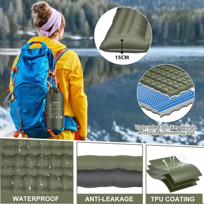 Opblaasbare slaapmat - Luchtbed kamperen - Outdoor slapen - Zelfopblazend met voetpomp - 12 cm dik - Legergroen