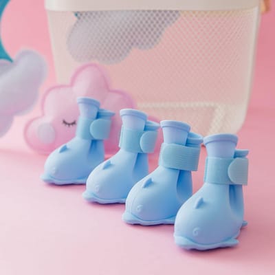 Bottes pour animaux de compagnie Mignon Dessin Animé Imperméable Silicone Chaussures de Pluie pour Chien avec Velcro pour Poméranien Bichon S gray