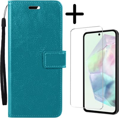 Hoesje Met Screenprotector - Geschikt voor Samsung Galaxy A35 - Luxe Pasjeshouder - Bookcase Portemonee - Flip Case - Kunstleer Book Case - Flipcase - Book Cover - Walletcase - Portemonneehoes - Turquoise