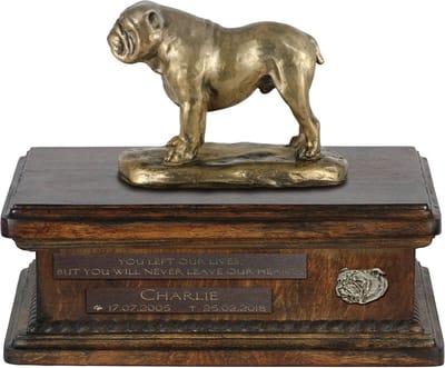 Persoonlijke urn voor Engelse Bulldog met beeldje en houten design