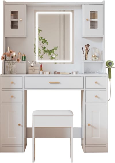 Make-uptafel - Kaptafel -met spiegel en ledverlichting - 6 laden en 4 deuren - 2 stopcontacten, USB en USB-C - 105 x 40 x 152 cm - wit voor slaapkamer