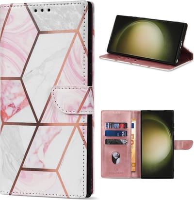 Multimedia & Accessoires Lederen Book Case Hoesje geschikt voor Samsung Galaxy S24 Ultra – Marmer – Roze -Telefoonhoesje – Met Stand – Kaarthouder – Pasjes Houder – Magneet Sluiting – Bookcase
