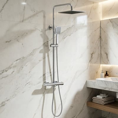 Auralum Max Regendouche met Thermostaatkraan - RVS Doucheset - 10 inch Douchekop - Handdouche 8.5 cm - Verstelbare Hoogte 88-125 cm - Regendoucheset - Waterbesparend - Chroom