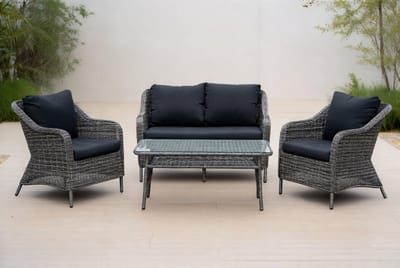 Mobili Bella Luxe 7-delige Polyrotan Loungeset Tuinmeubelset – Weerbestendig Balkon- & Tuinset voor 4 Personen met Tafel, Bank, Stoelen en Kussens – Grijs – UV- en Waterbestendig