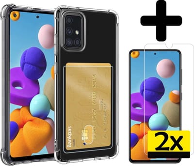 Hoesje - Geschikt voor Samsung Galaxy A51 - Met 2x Screenprotector - Pashouder - Kaarthouder - Telefoon Hoes Shockproof - Siliconen Case - Back Cover - Shock Proof - Pasjes Houder - Telefoonhoesjes - Transparant