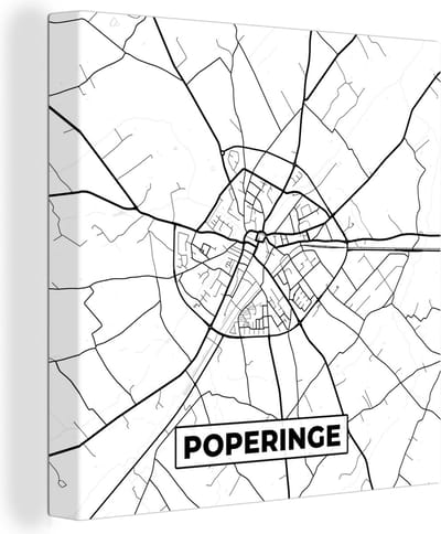 Canvas Schilderij België – Poperinge – Stadskaart – Kaart – Zwart Wit – Plattegrond - 20x20 cm - Wanddecoratie