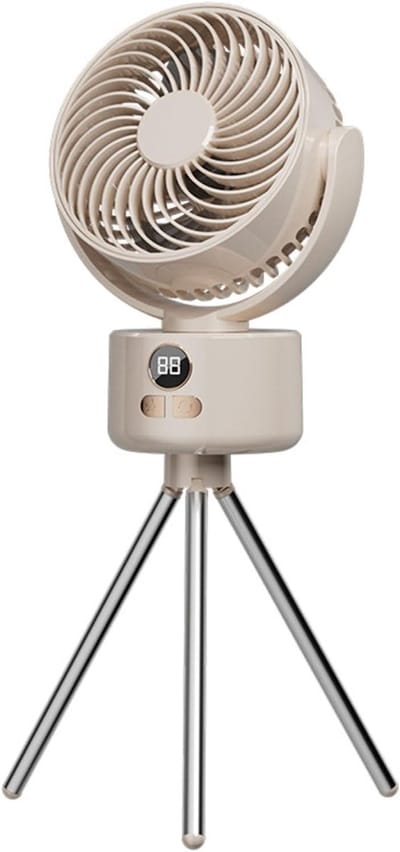 Oplaadbare Campingventilator – Tafelventilator – Met afneembare standaard – Digitaal display – 3 snelheidsstanden – USB-opladen & statiefbevestiging – Voor binnen en buiten – Lichtgewicht & draagbaar – Crèmewit