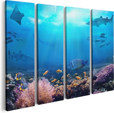 Artaza Canvas Schilderij Vierluik Vissen met Haaien in de Oceaan met Koraalrif - 80x60 - Foto Op Canvas - Canvas Print