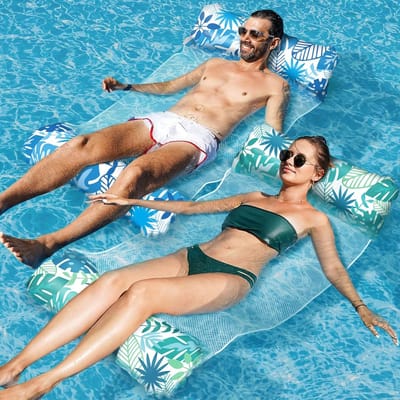 Ophlaasbaar Zwembadbed - XL Waterbed voor Zwembad - 2 Stuks Zwembad Accessoires voor Volwassenen - 4-in-1 Waterspeelgoed Hangmat - Luchtbed als Stoel, Matras & Zwemmat - Blauw - 1 Set