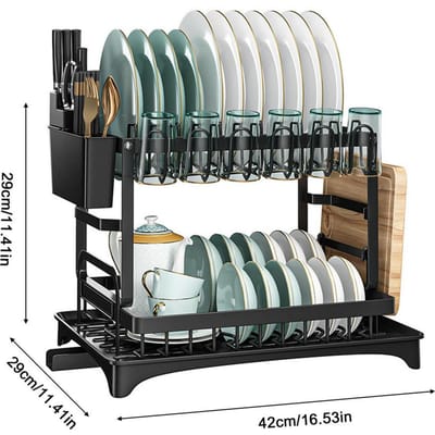 Égouttoir à vaisselle à 2 niveaux, organiseur de comptoir de cuisine avec égouttoir et porte-ustensiles, ensemble d'égouttoir à vaisselle en acier au carbone black