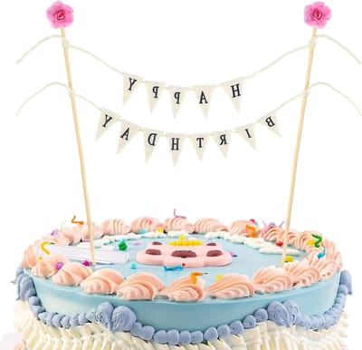 Verjaardagsbanner en Taarttopper Set - Herbruikbare Versiering voor Feestjes met Bloemdecoratie en Persoonlijke Happy Birthday Tekst