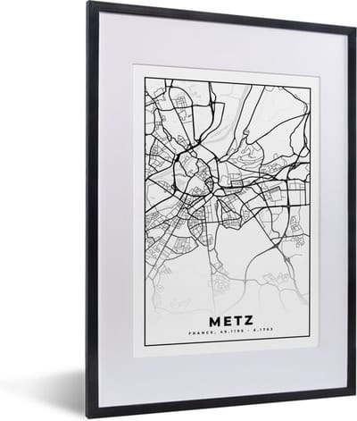Fotolijst incl. Poster Zwart Wit- Frankrijk - Kaart - Metz - Plattegrond - Stadskaart - Zwart wit - 30x40 cm - Posterlijst