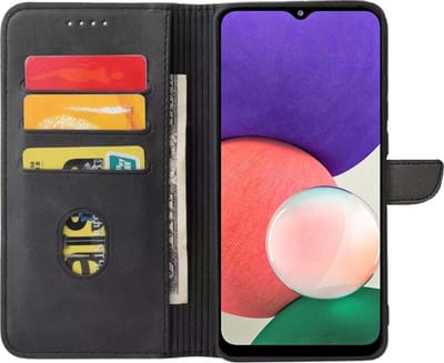Geschikt voor Samsung Galaxy A22 5G Telefoonhoesje Kunstleer met Magnetisch lipje en Pasjeshouder Book Case met Klepje - Zwart - Smartphonica geschikt voor Samsung Galaxy A22 5G