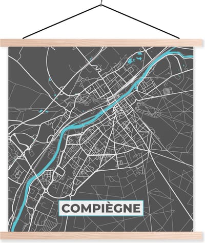 Posterhanger incl. Poster 40x40 cm - Schoolplaat - Compiègne - Frankrijk - Stadskaart - Plattegrond - Kaart - Textielposter - Blanke latten - Stadskaart