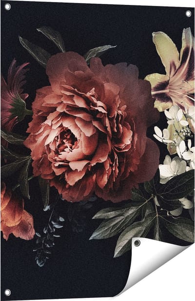 Gards Tuinposter Bloemen op een Zwart Achtergrond - 60x80 cm - Tuindoek - Tuindecoratie - Wanddecoratie buiten - Tuinschilderij