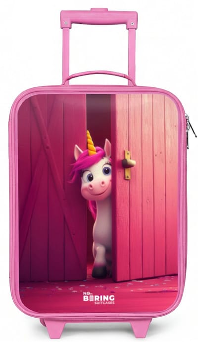 NoBoringSuitcases.com® - Kinderkoffer roze - Kindertrolley meisje - Eenhoorn met roze manen achter roze deur - Koffer kind lichtgewicht - Reiskoffer trolley voor kinderen - Koffertje met lichtgevende wieltjes - Rolkoffer