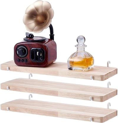 Set van 3 Wandplanken van Massief Hout met Haken, 30 x 10 cm, Ideaal voor Tentoonstellingen, Garage en Kantoor