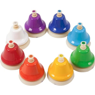 Sonnette à main 8 notes Jouet musical pour enfants Ensemble d'instruments de percussion arc-en-ciel Sonnette 8 tons Hochet rotatif Jouet éducatif pour débutant Cadeau
