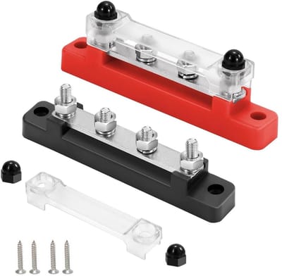 Set van 2 stuks 12 V - 48 V DC stroomverdelerblokken - 130 A continue stroom - met 2 x M6 aansluitschroeven - rood/zwart
