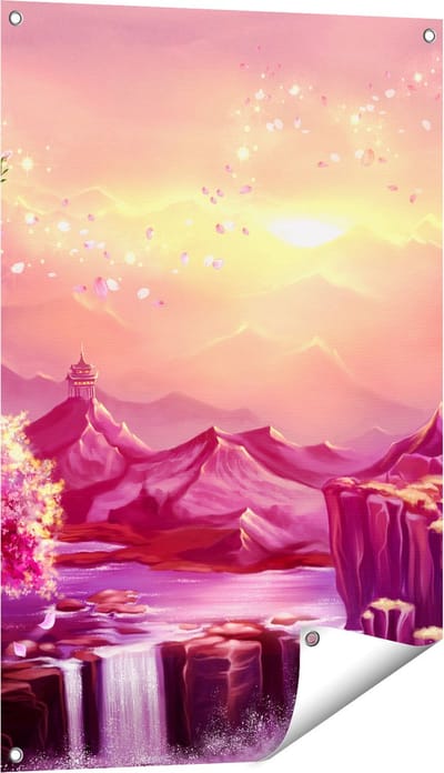 Gards Tuinposter Illustratie van Watervallen met Bloesems - 60x90 cm - Tuindoek - Tuindecoratie - Wanddecoratie buiten - Tuinschilderij