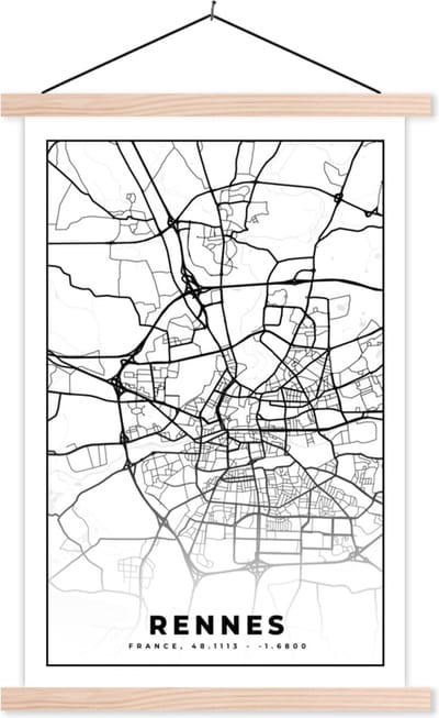 Posterhanger incl. Poster 40x60 cm - Schoolplaat - Frankrijk - Plattegrond - Rennes - Stadskaart - Kaart - Zwart wit - Textielposter - Blanke latten - Stadskaart