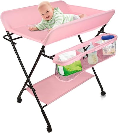 Opvouwbare Luiertafel - Baby Verschoontafel - Baby Verzorgen - Met Opbergmand en Hoogtemeting - 80 x 66 x 98cm - Roze