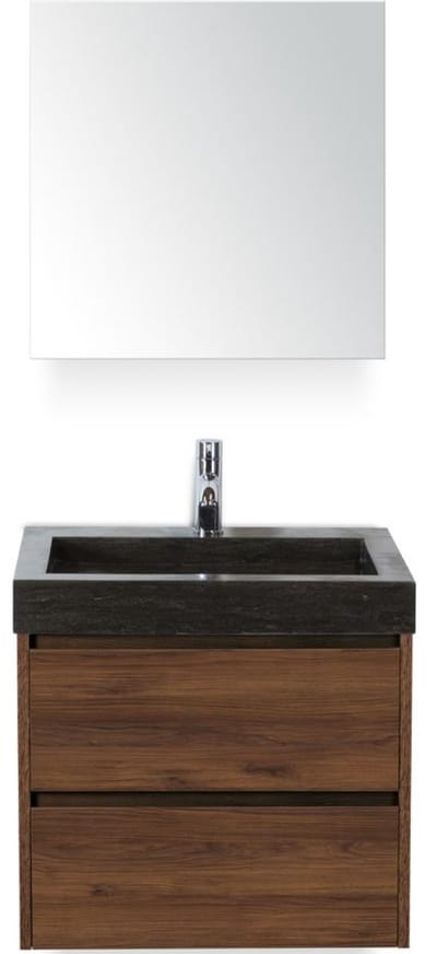 Dante Badmeubelset 60 cm - Walnoot - Wastafel Hardsteen Wit Lucca met Spiegelkast