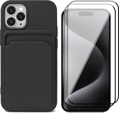 Hoesje Pasjeshouder geschikt voor iPhone 15 Pro - 2x Screenprotector FullGuard - Siliconen Case Back Cover Zwart & Screen Protector