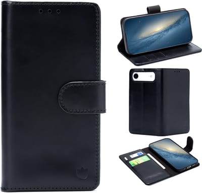 Casemania Echt Leren Hoesje Geschikt voor Apple iPhone 17 Air - Charcoal Gray - Leer Book Cover - Portemonnee Telefoonhoesje met Pasjeshouder